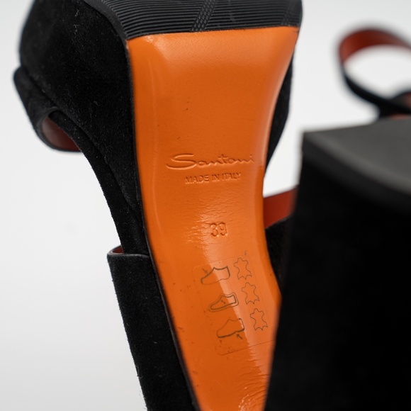 size 39 EU / 9 US Santoni Sandals Black Velvet Strap Slingback Block Heel - Picture 8 of 11